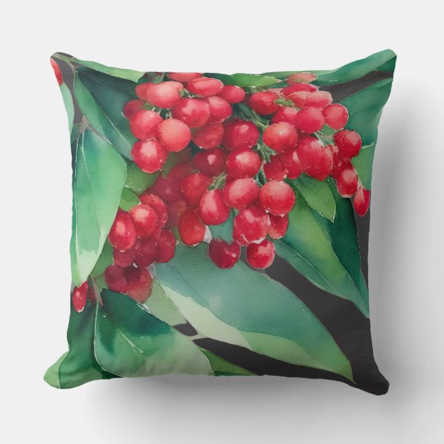 Christmas Evergreen Red Berries Cushion (Front)