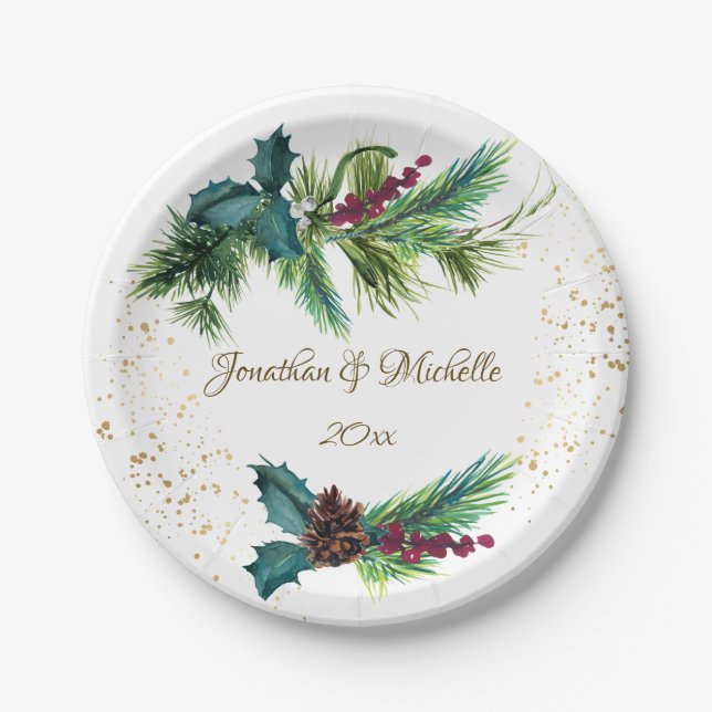 Christmas Evergreen Red Berry Winter Wedding Paper Plate (Front)