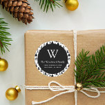 Christmas Evergreen Trees Black and White Address Classic Round Sticker<br><div class="desc">This modern return address sticker features a black circle on a pattern of black evergreen pine trees on a white background. Personalise the design with your monogram initial and family name in white serif font,  with your address below in sans serif.</div>