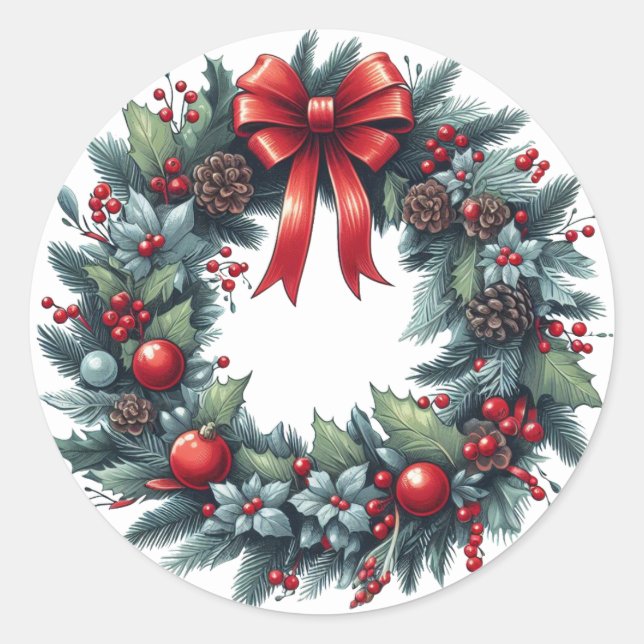 Christmas Evergreen Wreath Greeting Card Classic Round Sticker (Front)