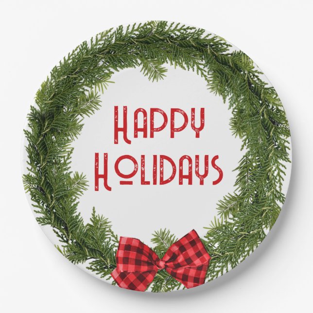 Christmas Evergreen Wreath with Plaid Bow Paper Plate (Front)