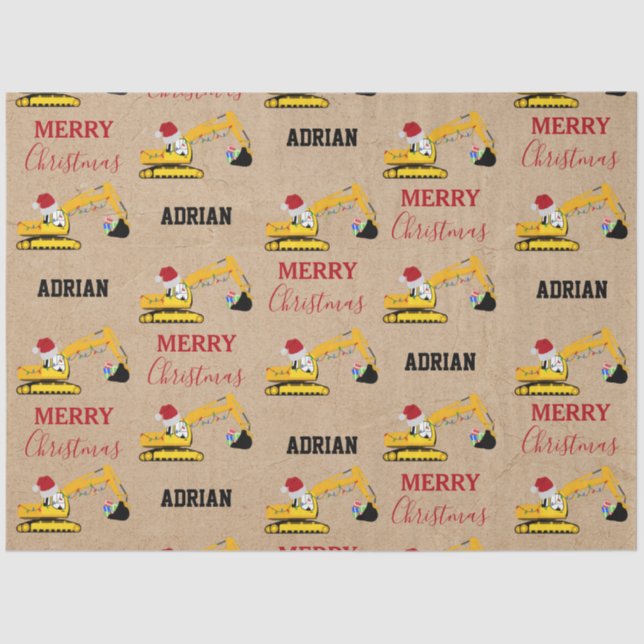Christmas Excavator Construction Truck Custom Name Tissue Paper (Front)