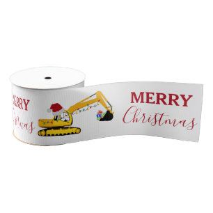 Christmas Excavator Construction Truck Grosgrain Ribbon