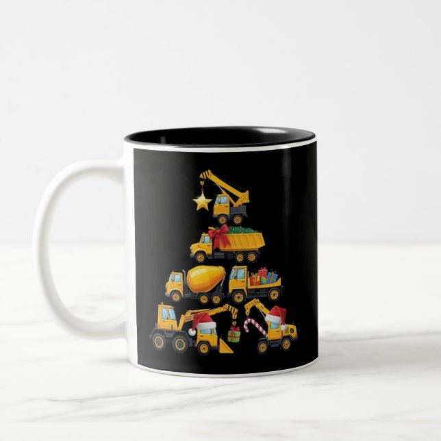 Christmas Excavator Construction Truck Tree Two-Tone Coffee Mug (Left)