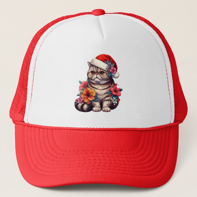 Christmas Exotic shorthair Cat, Floral Santa Kitty Trucker Hat (Front)