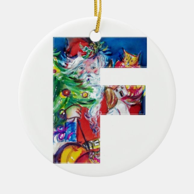 CHRISTMAS F LETTER / SANTA WITH CHRISTMAS TREE CERAMIC TREE DECORATION (Front)