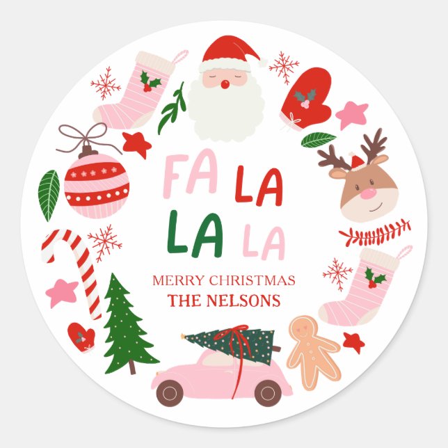 Christmas Fa La La Red and Green Classic Round Sticker (Front)