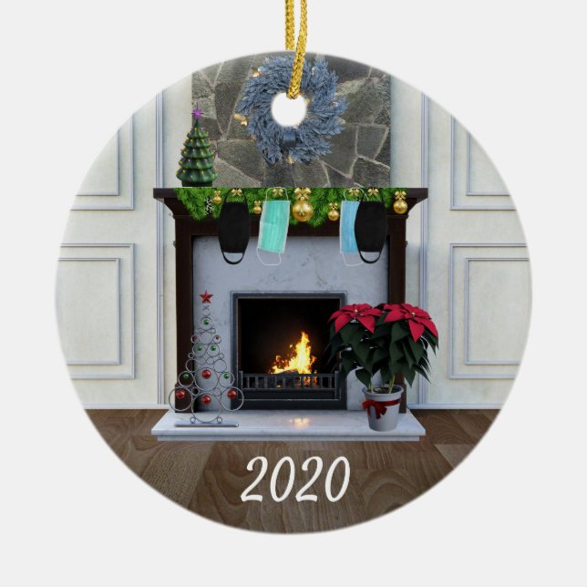 Christmas Face mask Fireplace Covid Funny 2020 Ceramic Tree Decoration (Front)