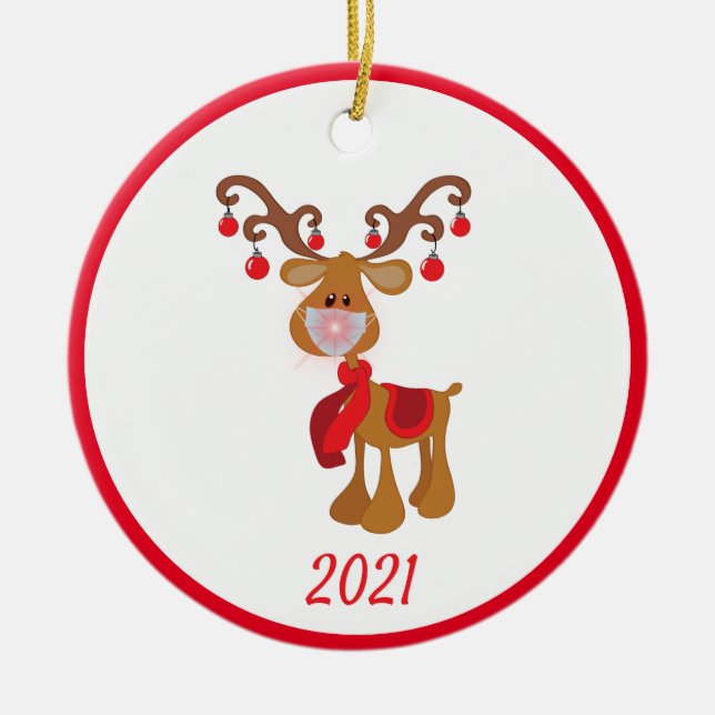 Christmas Face Mask Rudolph Reindeer 2021 Ceramic Tree Decoration (Front)