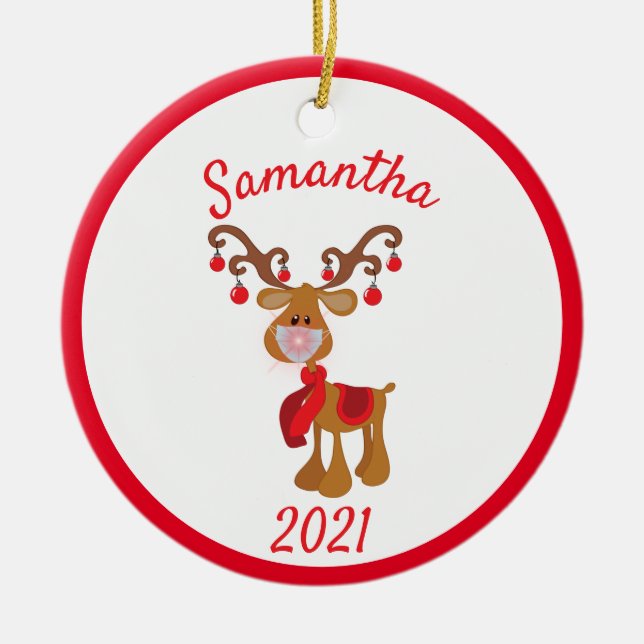 Christmas Face Mask Rudolph Reindeer 2021 Ceramic Tree Decoration (Front)