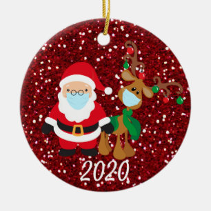 Christmas Face Mask Santa and Reindeer 2020 Sequin Ceramic Tree Decoration