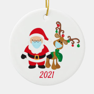 Christmas Face Mask Santa and Reindeer 2021 Ceramic Tree Decoration