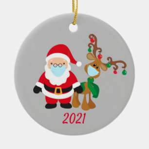 Christmas Face Mask Santa and Reindeer 2021 Ceramic Tree Decoration