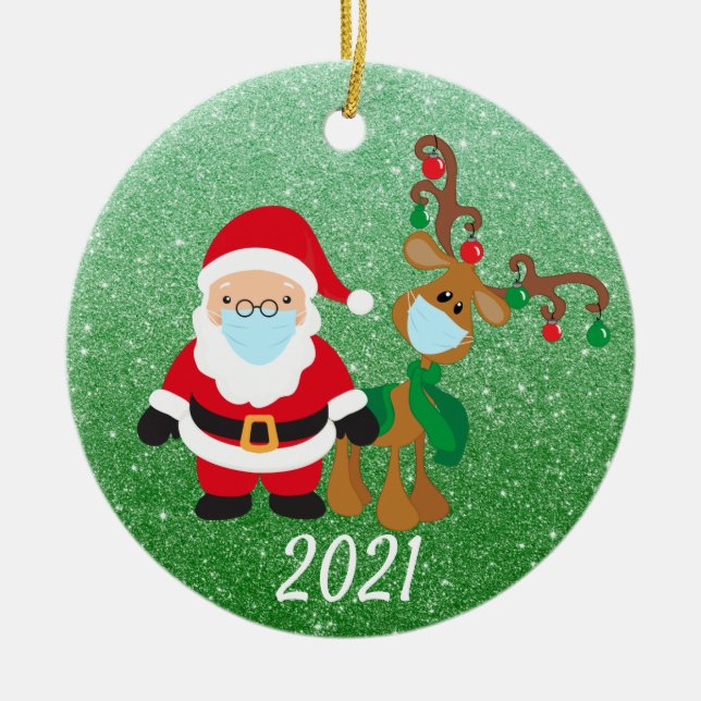 Christmas Face Mask Santa Reindeer 2021 Glitter Ceramic Tree Decoration (Front)