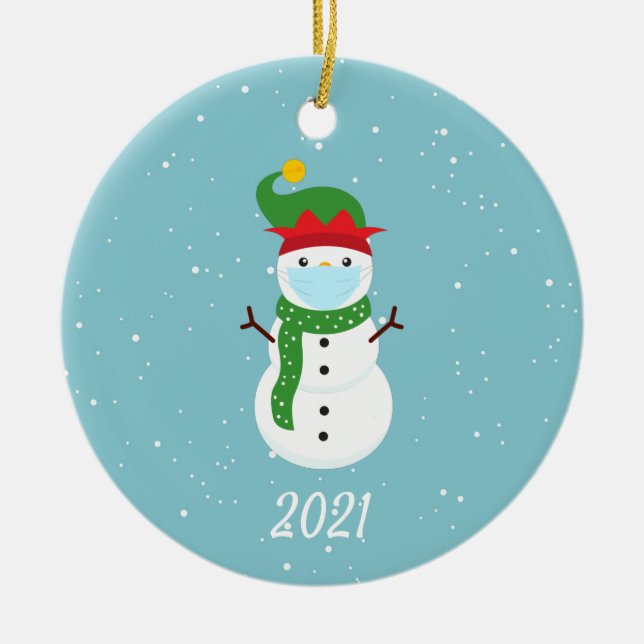 Christmas Face Mask Snowman 2020 Ceramic Tree Decoration (Front)