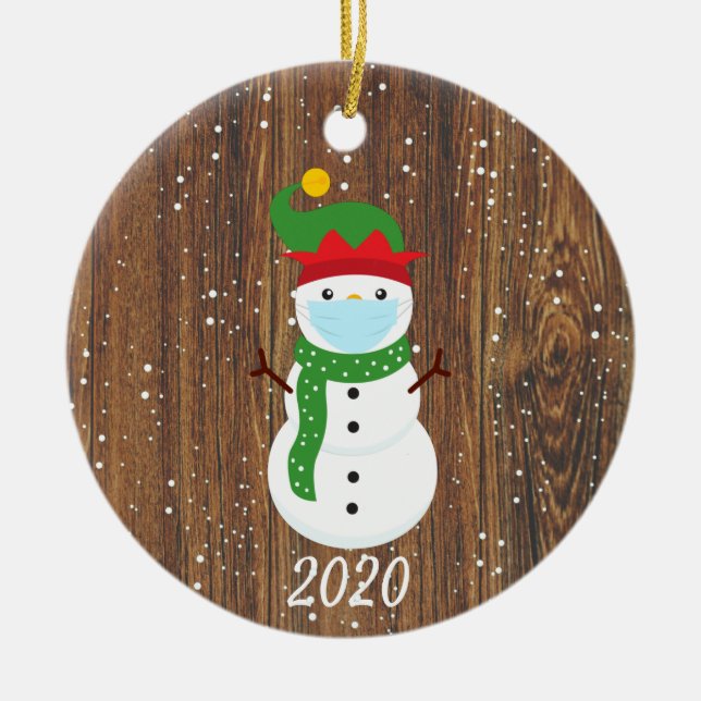 Christmas Face Mask Snowman 2020 Wood Ceramic Tree Decoration (Front)