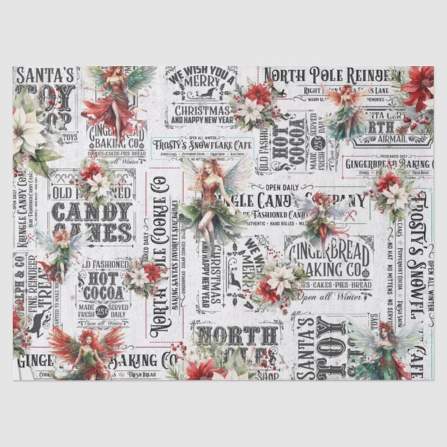 Christmas Fairies & Vintage Typography Tissue Paper (Front)