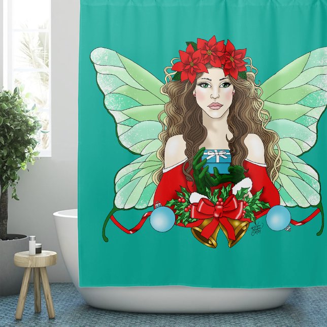 Christmas Fairy Brunette Red Green Poinsettias  Shower Curtain (Creator Uploaded)