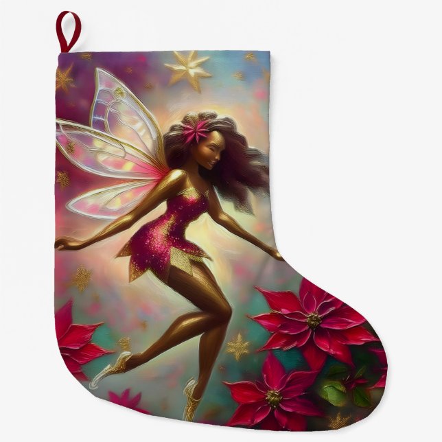 Christmas Fairy Collection - Brown Natural Hair Large Christmas Stocking (Front)