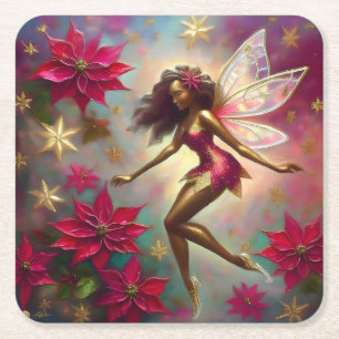 Christmas Fairy Collection - Brown Natural Hair Square Paper Coaster