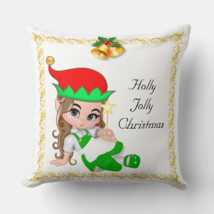Christmas Fairy Dressed in Green & Golden Bells Cushion