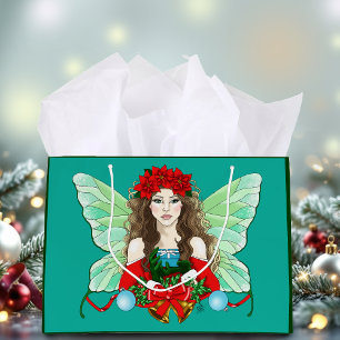 Christmas Fairy Fantasy Holly Bells Poinsettias Large Gift Bag