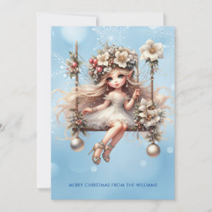 Christmas Fairy on Blue Snowflake Background Holiday Card