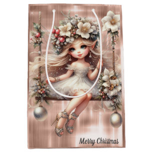 Christmas Fairy on Sparkle Rose Gold Background Medium Gift Bag