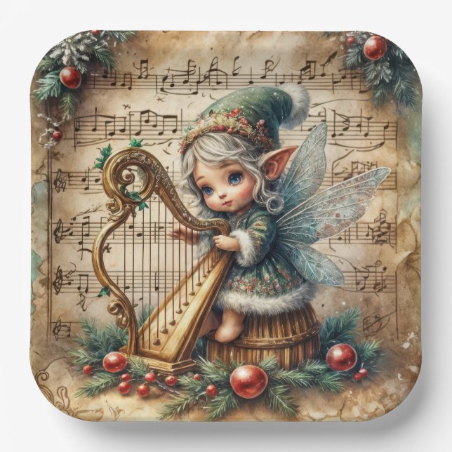 Christmas Fairy Playing a Harp Paper Plate (Front)
