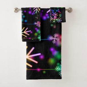 Christmas falling various neon colours snowflakes  bath towel set