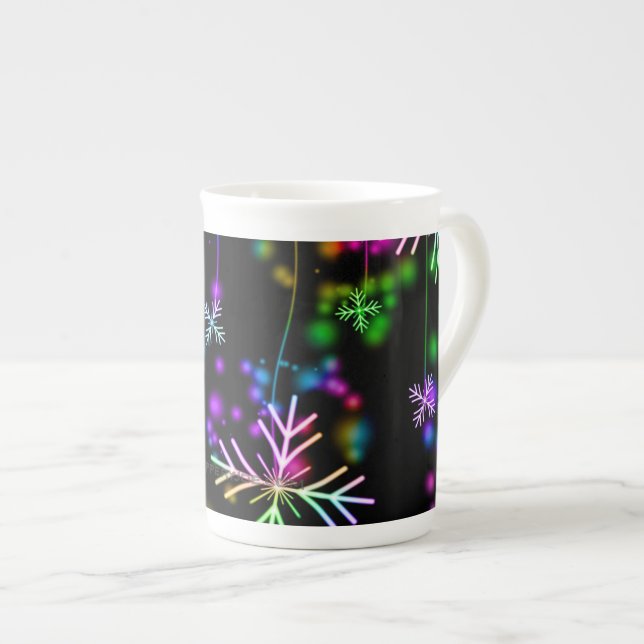 Christmas falling various neon colours snowflakes  bone china mug (Front Right)