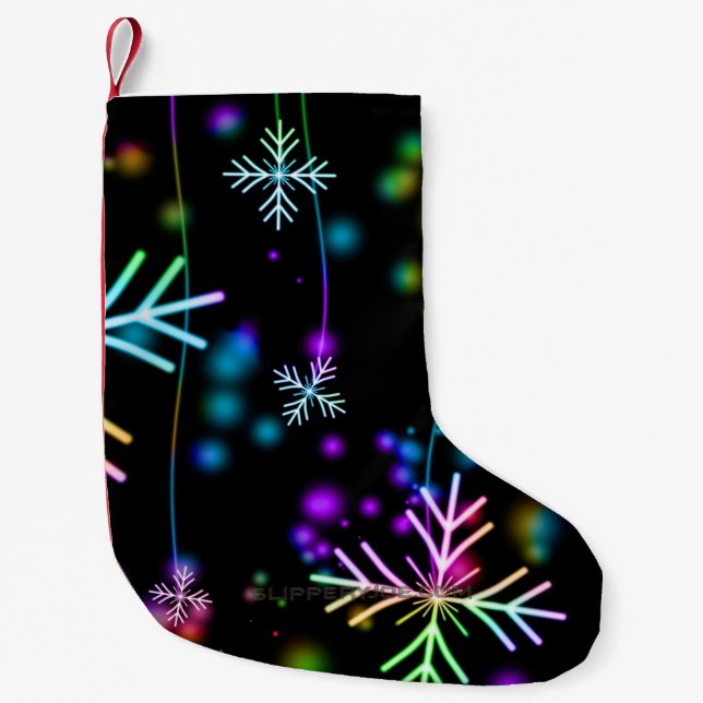Christmas falling various neon colours snowflakes  small christmas stocking (Front)