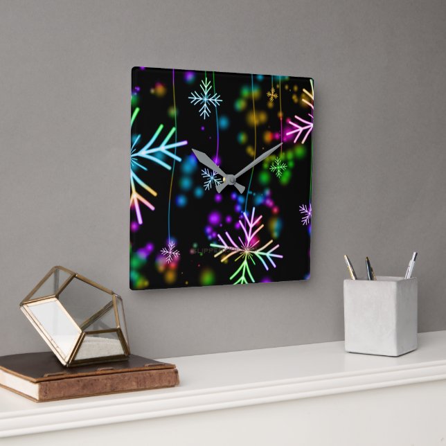 Christmas falling various neon colours snowflakes  square wall clock (Office)