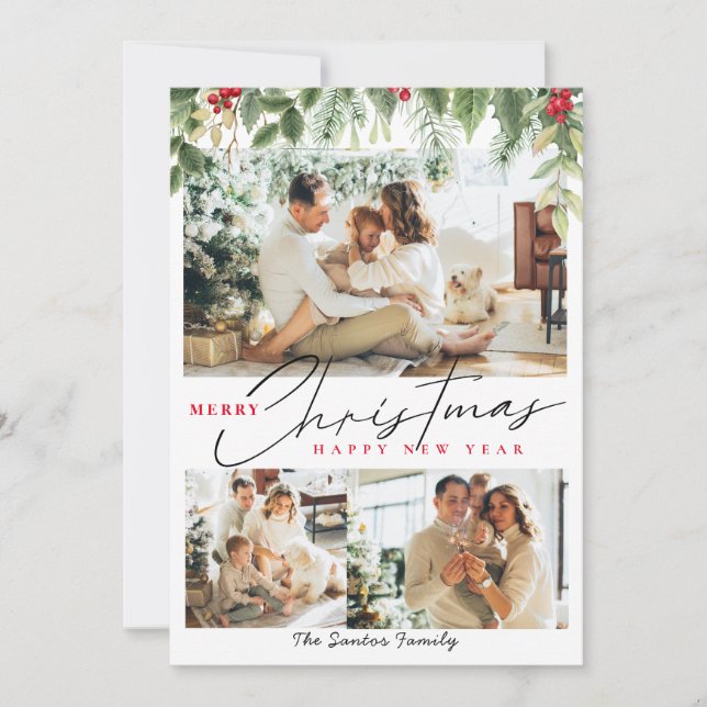 Christmas family 3 collage Photo winter berry Holiday Card (Front)