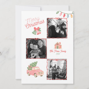 Christmas Family Four Photo Collage Retro Pink Red Holiday Card