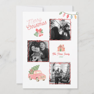 Christmas Family Four Photo Collage Retro Pink Red Holiday Card