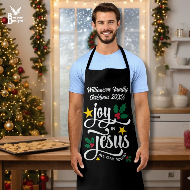 Christmas Family JOY IN JESUS Custom Christian  Apron (Black personalized JOY IN JESUS matching family apron with typography and customizable name)