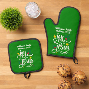 Christmas Family JOY IN JESUS Custom Christian Oven Mitt & Pot Holder Set
