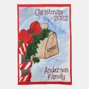 Christmas Family Mailbox Candy Cane Greenery Tea Towel