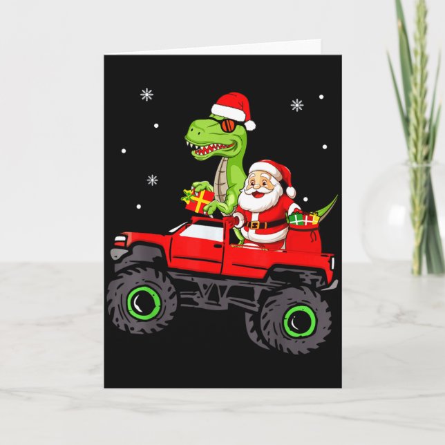 Christmas Family Matching Santa Truck Dinosaur Boy Card (Front)