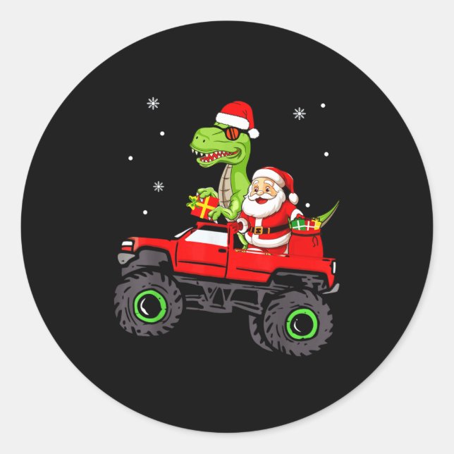 Christmas Family Matching Santa Truck Dinosaur Boy Classic Round Sticker (Front)