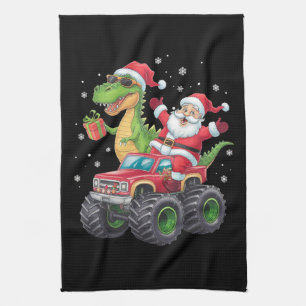 Christmas Family Matching Santa Truck Dinosaur  Tea Towel