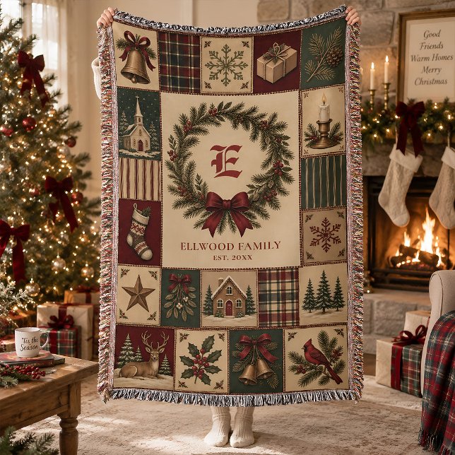 Christmas Family Monogram Patchwork Personalised  Throw Blanket (Creator Uploaded)