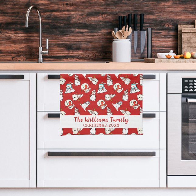 Christmas Family Name And Year | Snowman Red 2026 Tea Towel (Kitchen)