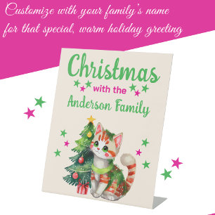 Christmas family name cat and tree pink green pedestal sign