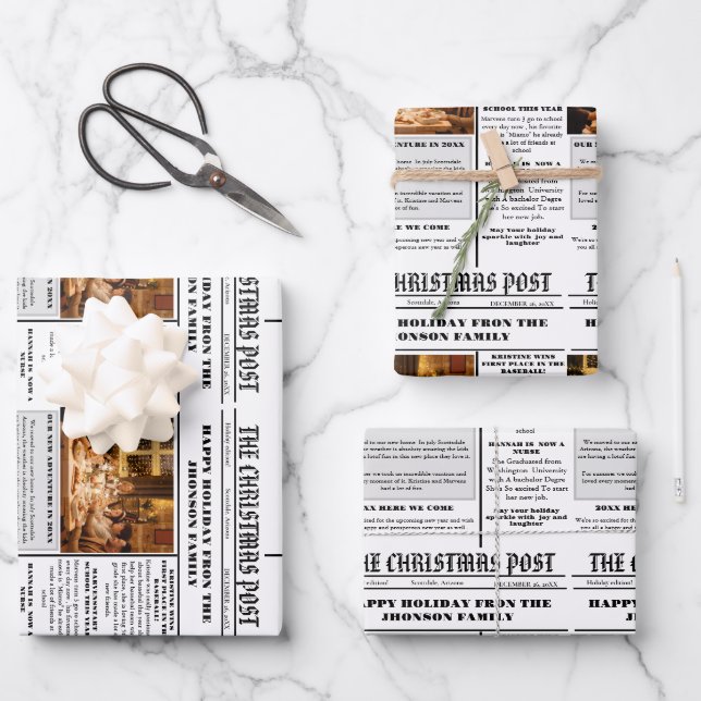 Christmas Family Newspaper + Year In Review Photo  Wrapping Paper Sheet (Front)