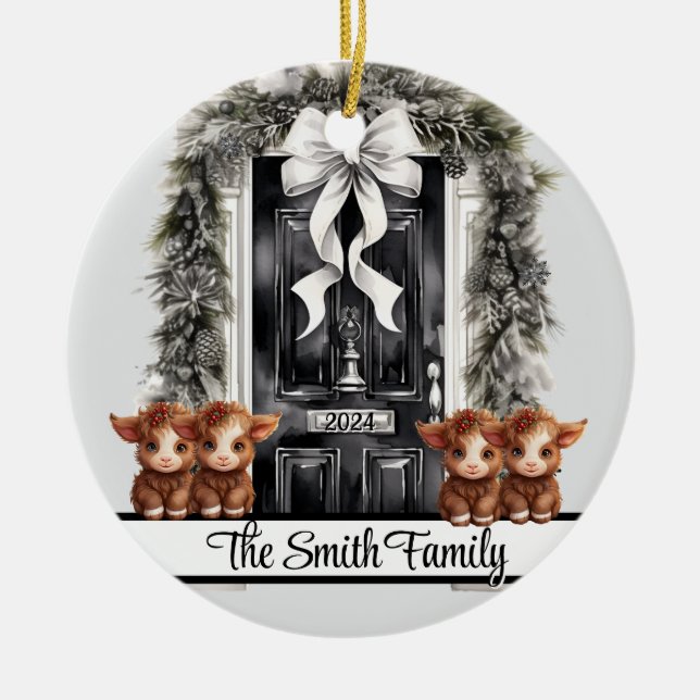 Christmas Family of 4 Ornament Highland cow (Front)