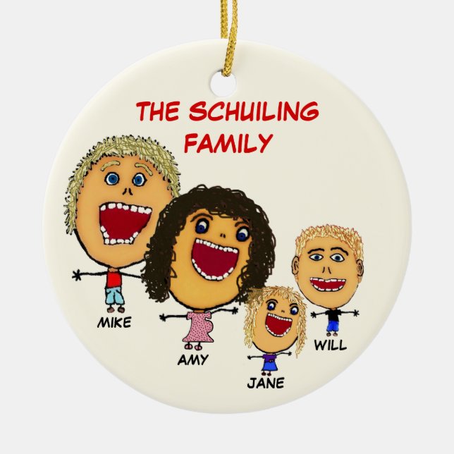 Christmas Family of Four Cartoon with Pregnant Mum Ceramic Tree Decoration (Front)