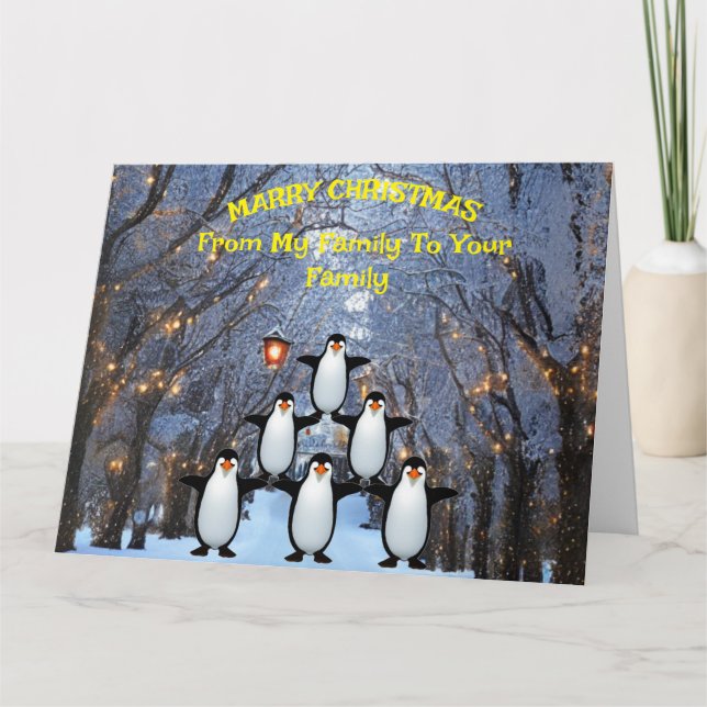  Christmas Family of Penguins Having Fun Card (Front)