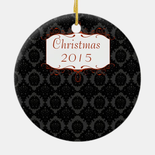 Christmas Family Photo Black & Grey Damask Ceramic Tree Decoration (Back)